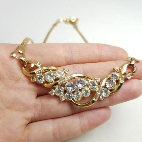 Vintage Gold Tone and Rhinestone Collar Style Necklace Adjustable Length, Estate - Picture 5 of 7